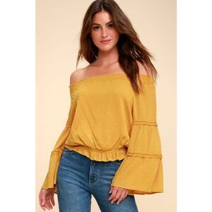 Lulu’s Sunny Story Mustard Yellow Lace Bell Sleeve Off-the-Shoulder Top size med